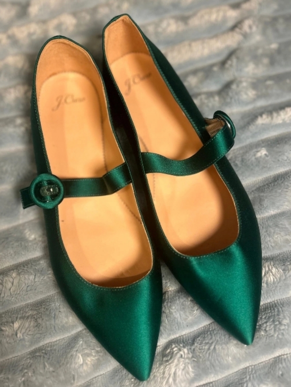 J. Crew Emerald Satin Pointed Mary Jane Flats; NWOT - Picture 2 of 5